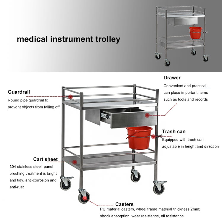 YA-013 Stainless Steel Hospital Dressing Trolley With Drawer