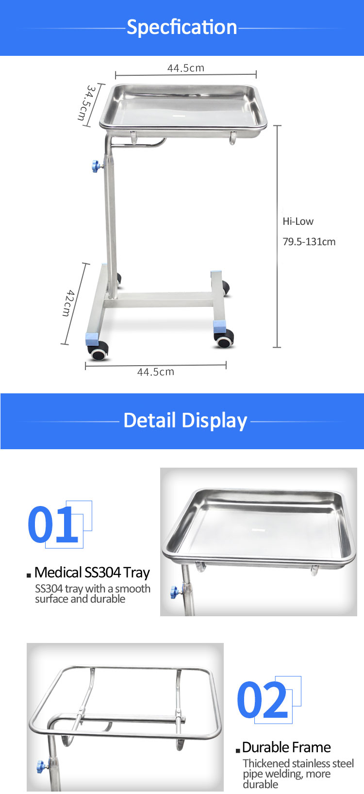 YA-081S Hospital Instrument Mayo Cart Trolley Stainless Steel