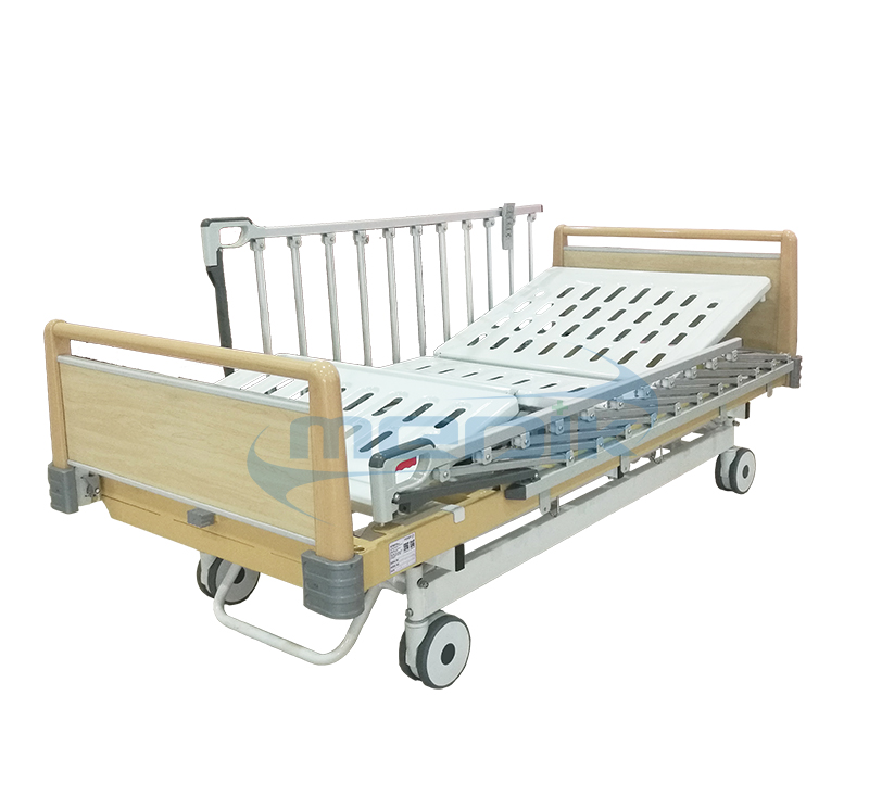 Three position electric hospital bed with high grade railing